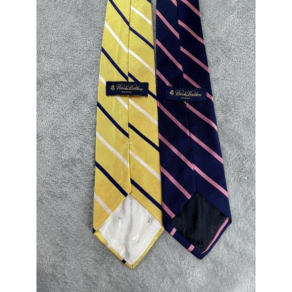 2 Brooks Brother Makers Men’s Silk Ties Stripe Yellow Navy Pink USA Made - Picture 2 of 6